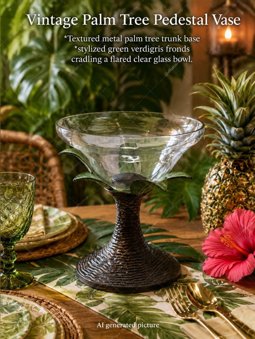 Vintage Metal Palm Tree Glass Pedestal Powl Bronze-Finish Base Leaf Accents Deco